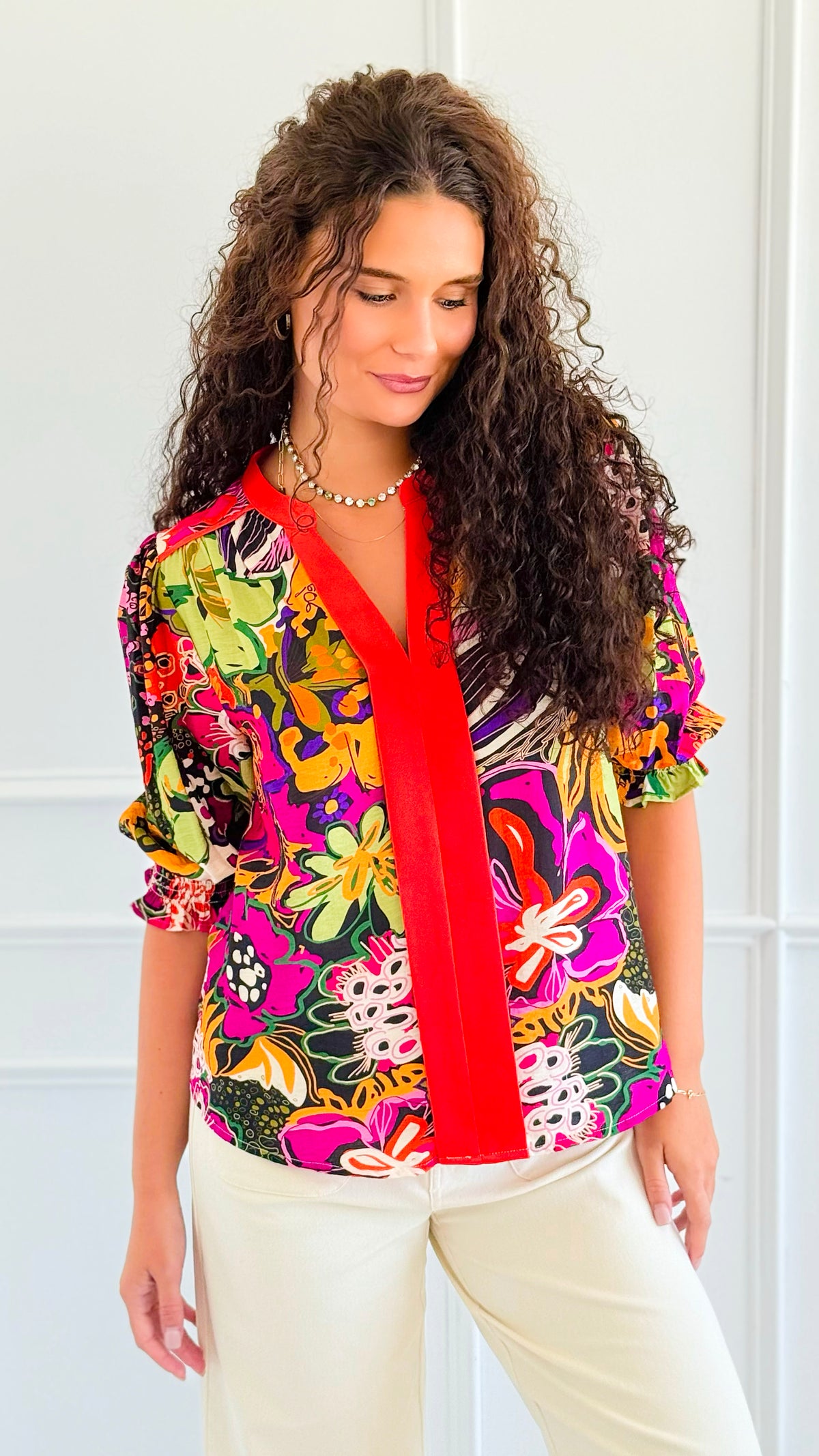 Midnight Tropics Contrast Neck Floral Blouse-110 Short Sleeve Tops-VOY-Coastal Bloom Boutique, find the trendiest versions of the popular styles and looks Located in Indialantic, FL