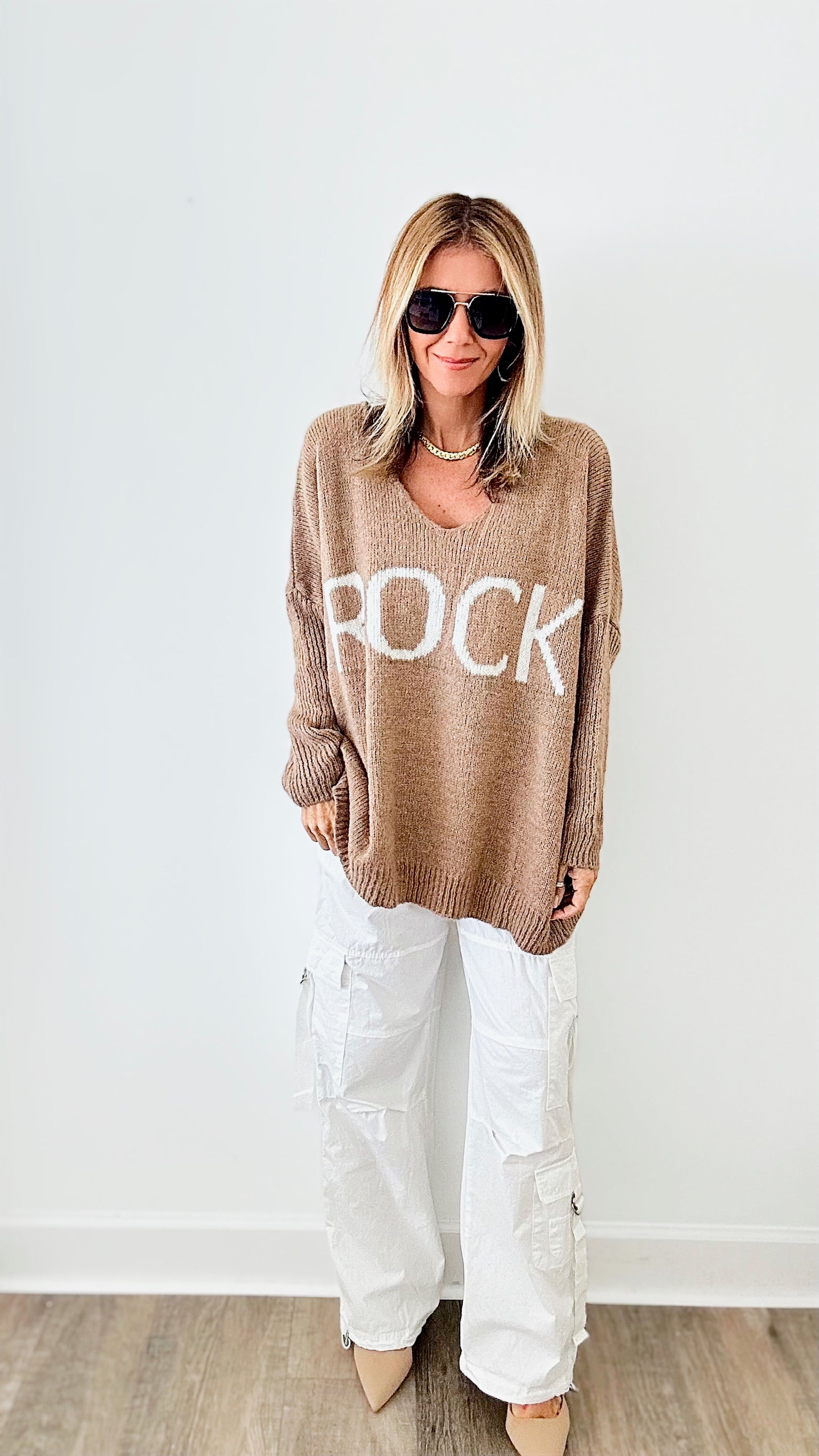 Rock V-Neck Sweater - Camel-130 Long sleeve top-VENTI6 OUTLET-Coastal Bloom Boutique, find the trendiest versions of the popular styles and looks Located in Indialantic, FL