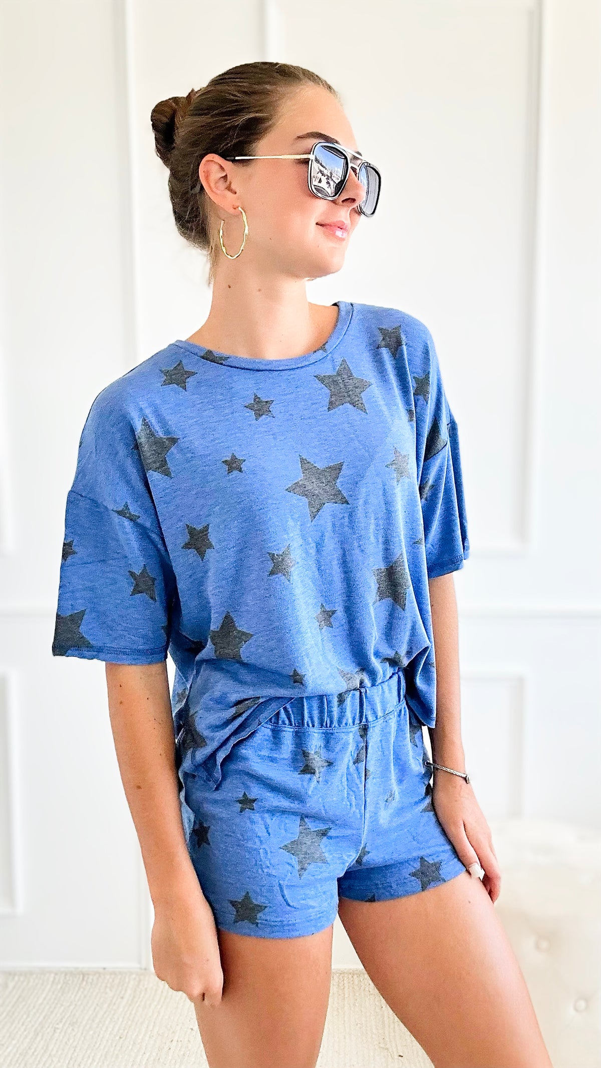 Star-Print Lounge Wear Set - Blue-210 Loungewear/Sets-Phil Love-Coastal Bloom Boutique, find the trendiest versions of the popular styles and looks Located in Indialantic, FL