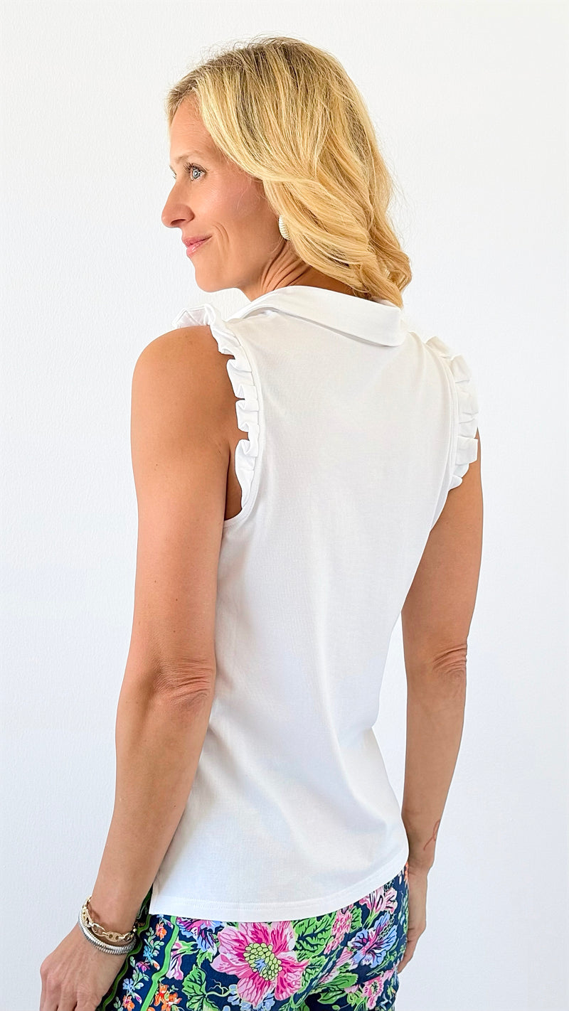 Ruffled Charm Polo Tank - White-100 Sleeveless Tops-ARYEH-Coastal Bloom Boutique, find the trendiest versions of the popular styles and looks Located in Indialantic, FL