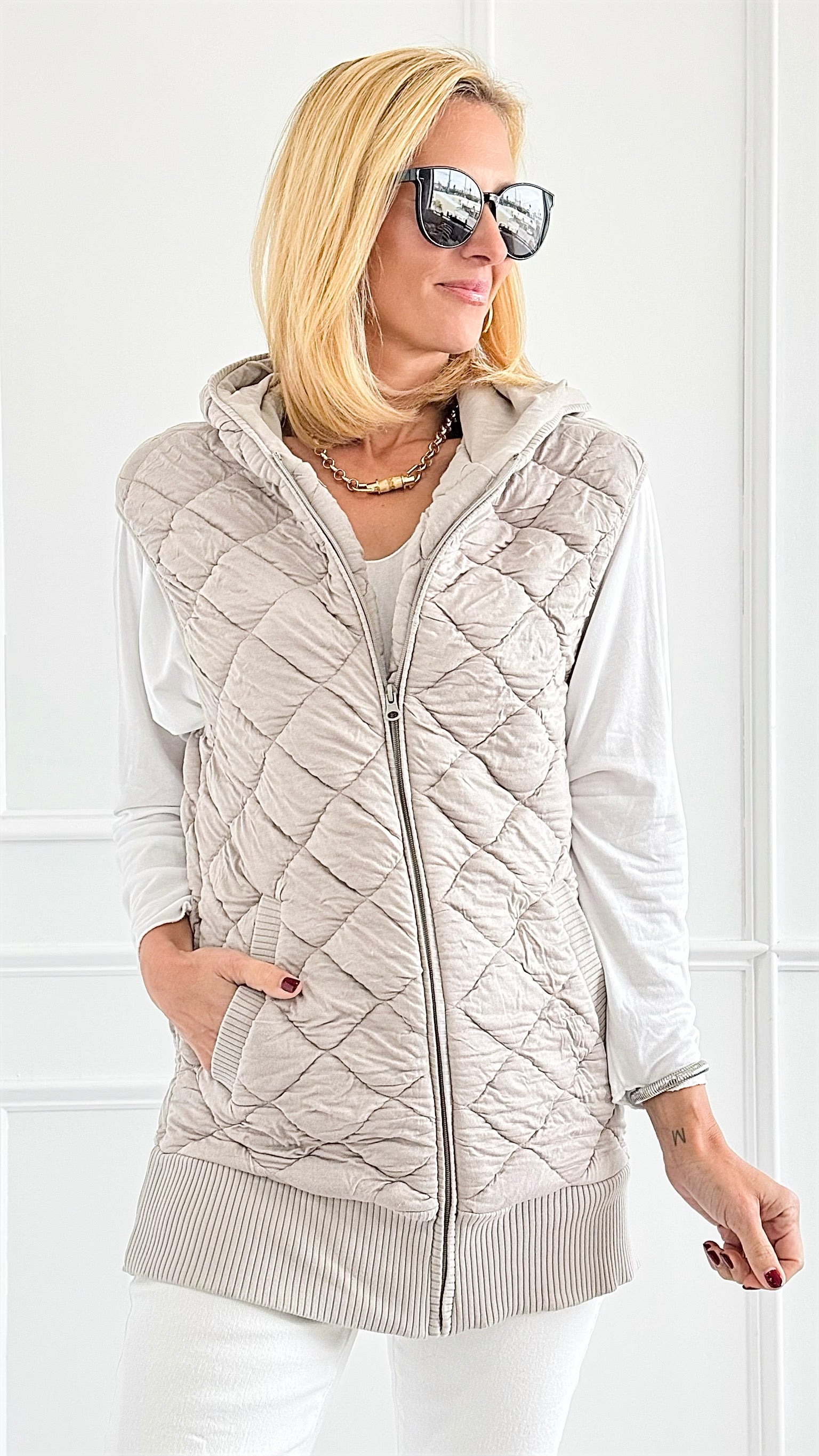 Quilted Lux Vest w/ Hood-Taupe-160 Jackets-Mono B-Coastal Bloom Boutique, find the trendiest versions of the popular styles and looks Located in Indialantic, FL