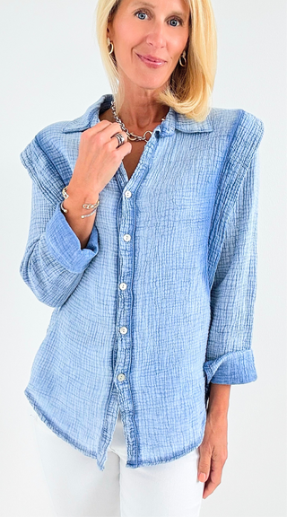 Cloud Comfort Button Down Top - Denim Blue