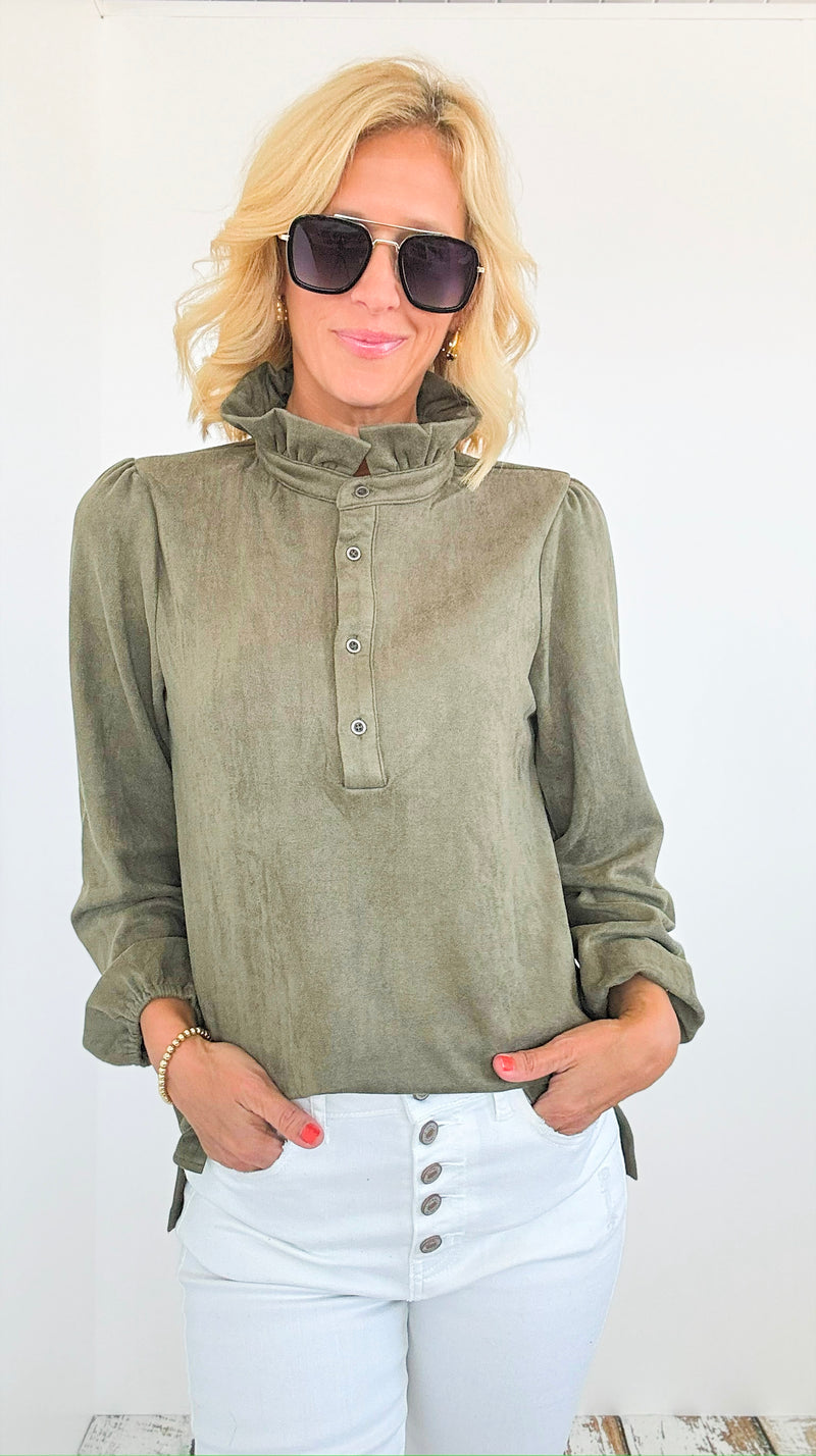 Willabella Faux Suede Top - Olive-130 Long Sleeve Tops-Joh Apparel-Coastal Bloom Boutique, find the trendiest versions of the popular styles and looks Located in Indialantic, FL