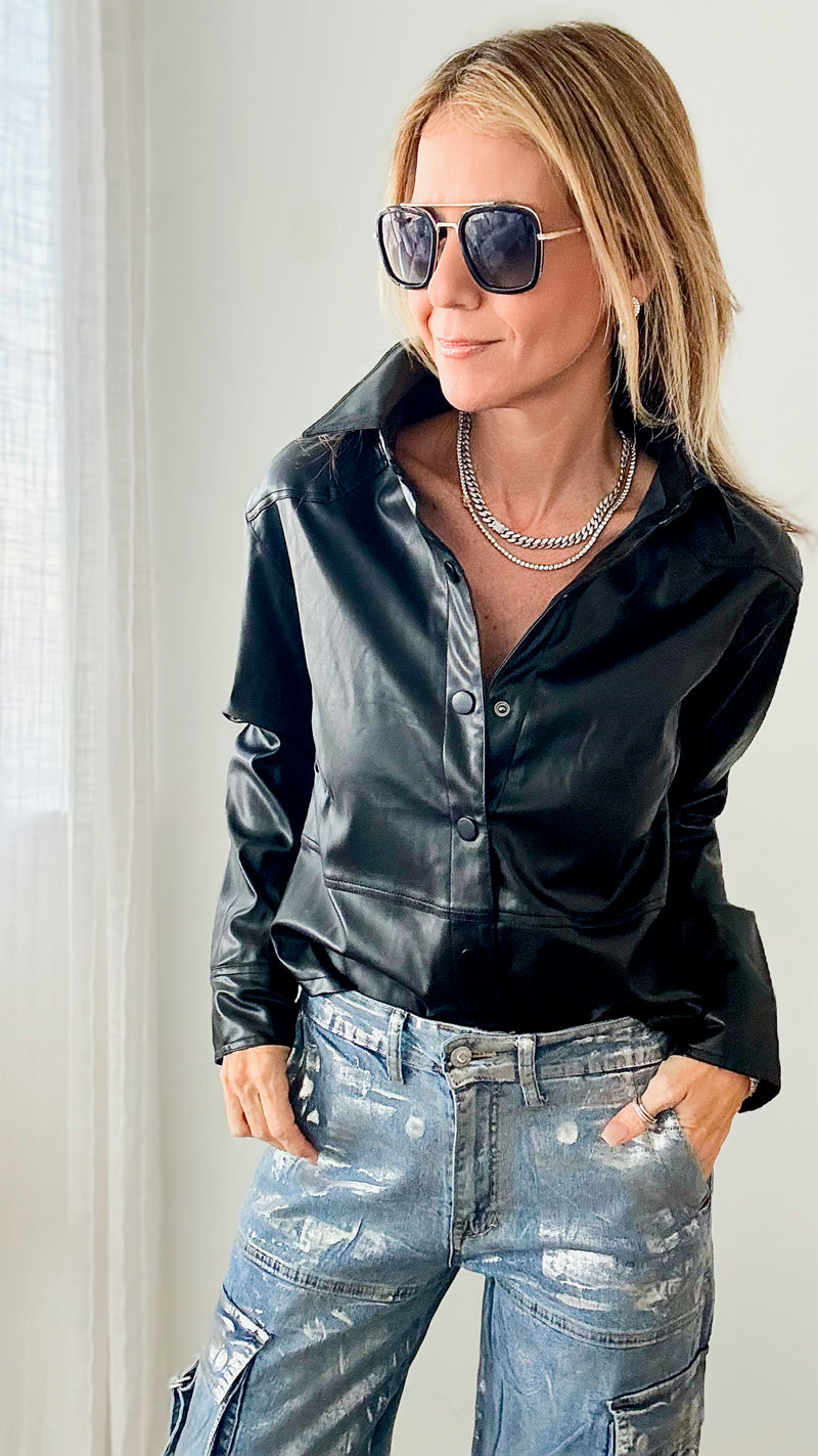 Buttery Faux Leather Button Up Blouse-130 Long Sleeve Tops-KIWI-Coastal Bloom Boutique, find the trendiest versions of the popular styles and looks Located in Indialantic, FL