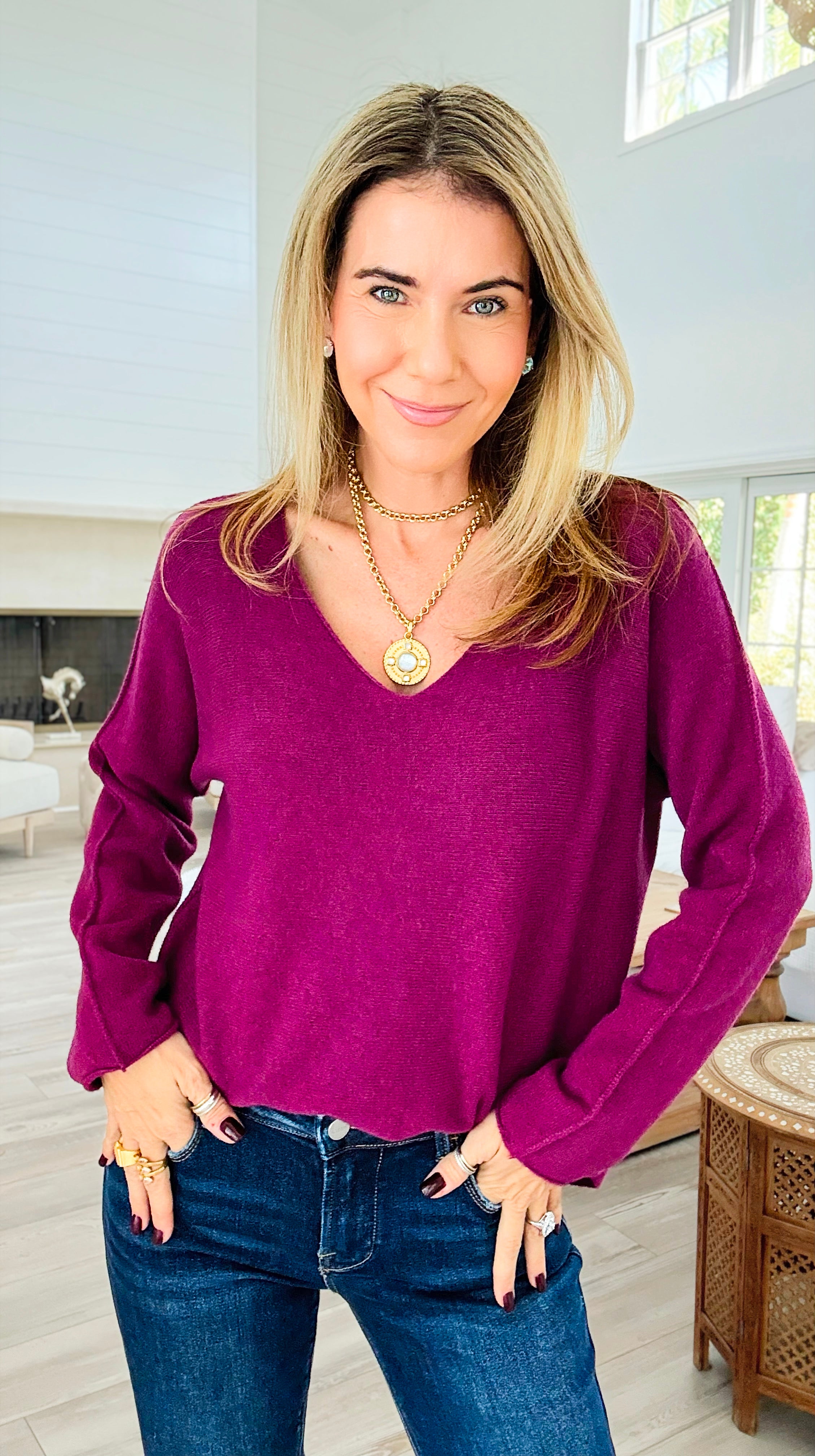 Soho Italian V-Neck Pullover- Plum-140 Sweaters-Italianissimo/ Max & D/ AUTE-Coastal Bloom Boutique, find the trendiest versions of the popular styles and looks Located in Indialantic, FL