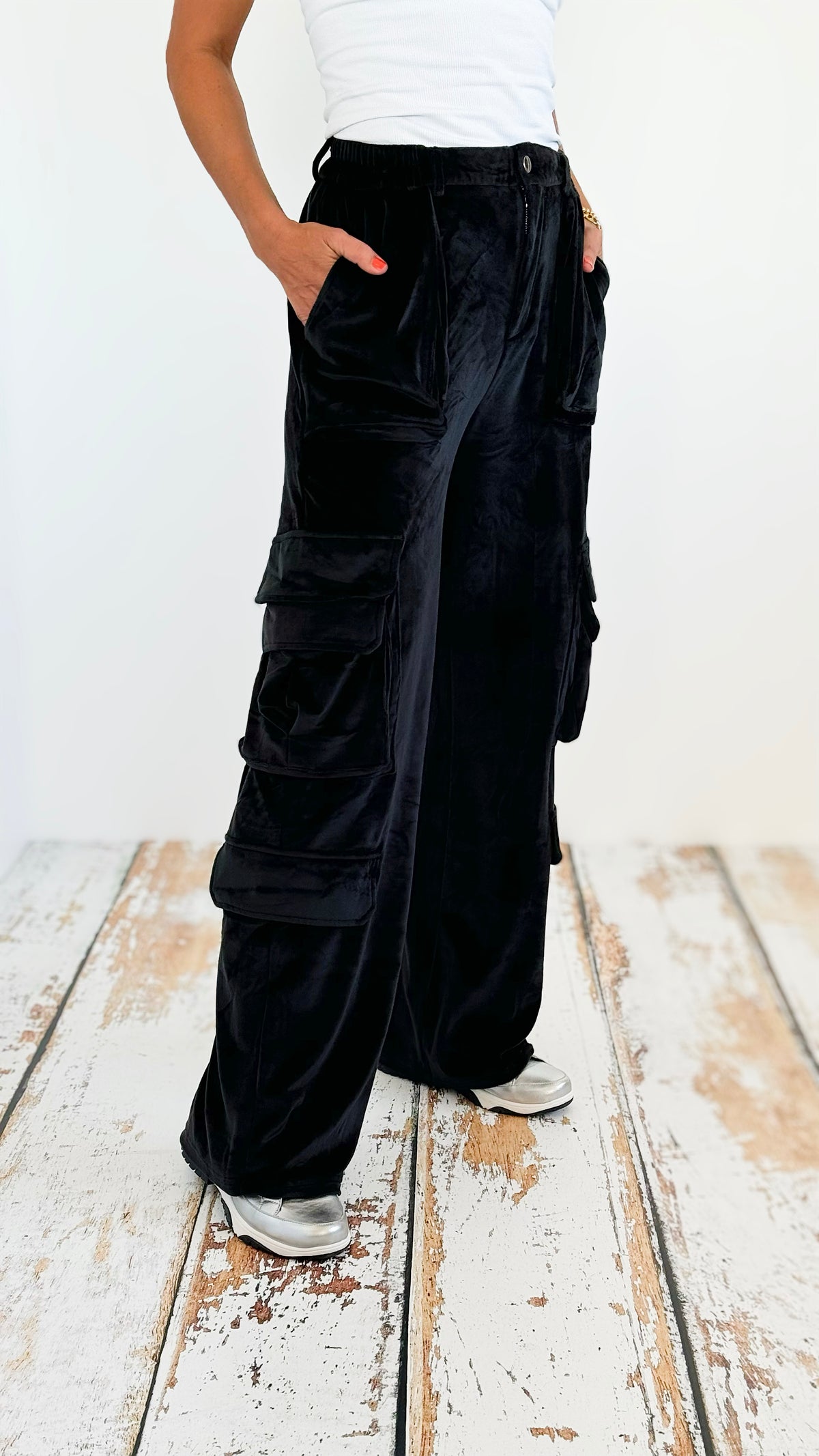 Velvet Cargo Wide Leg Pant - Black-170 Bottoms-Hot & Delicious-Coastal Bloom Boutique, find the trendiest versions of the popular styles and looks Located in Indialantic, FL