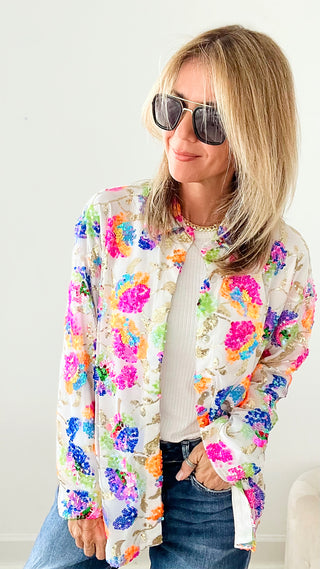 Sunny Splash Sequin Floral Button Up Blouse - White-130 Long Sleeve Tops-MAIN STRIP-Coastal Bloom Boutique, find the trendiest versions of the popular styles and looks Located in Indialantic, FL