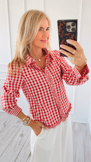 Gingham Ruffle Button Front Blouse