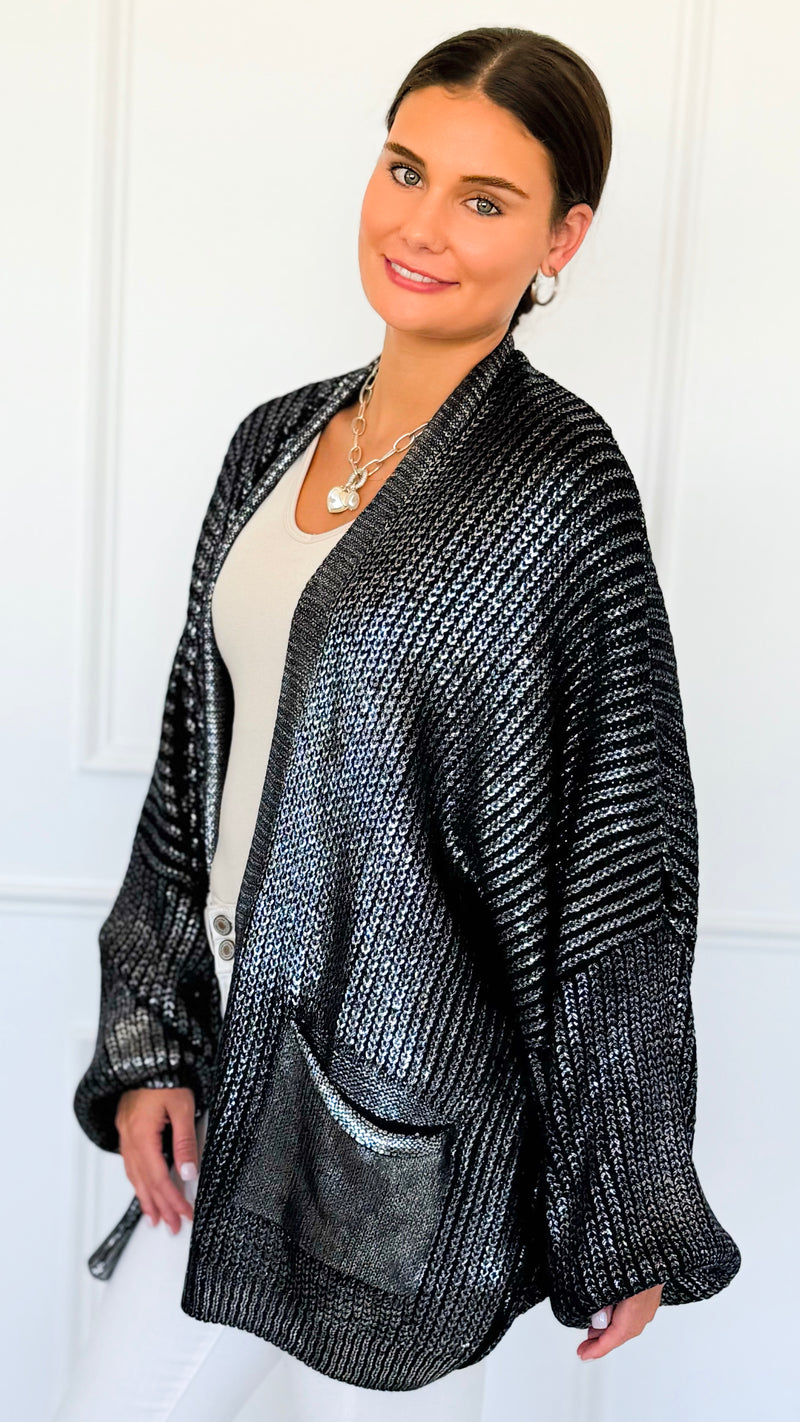 Mirrored Metallic Sugar High Italian Cardigan- Navy/ Silver-150 Cardigan Layers-Italianissimo-Coastal Bloom Boutique, find the trendiest versions of the popular styles and looks Located in Indialantic, FL