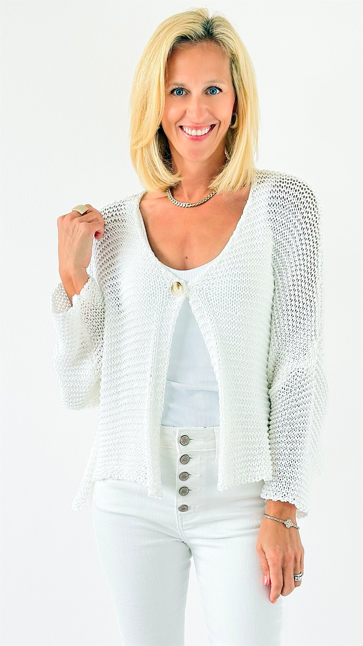 Coastal Breeze Knit Italian Cardigan - White-150 Cardigans/Layers-Italianissimo-Coastal Bloom Boutique, find the trendiest versions of the popular styles and looks Located in Indialantic, FL