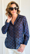 Charmed In Dots Italian Button Up Top- Navy-170 Bottoms-AZUL MONACO-Coastal Bloom Boutique, find the trendiest versions of the popular styles and looks Located in Indialantic, FL