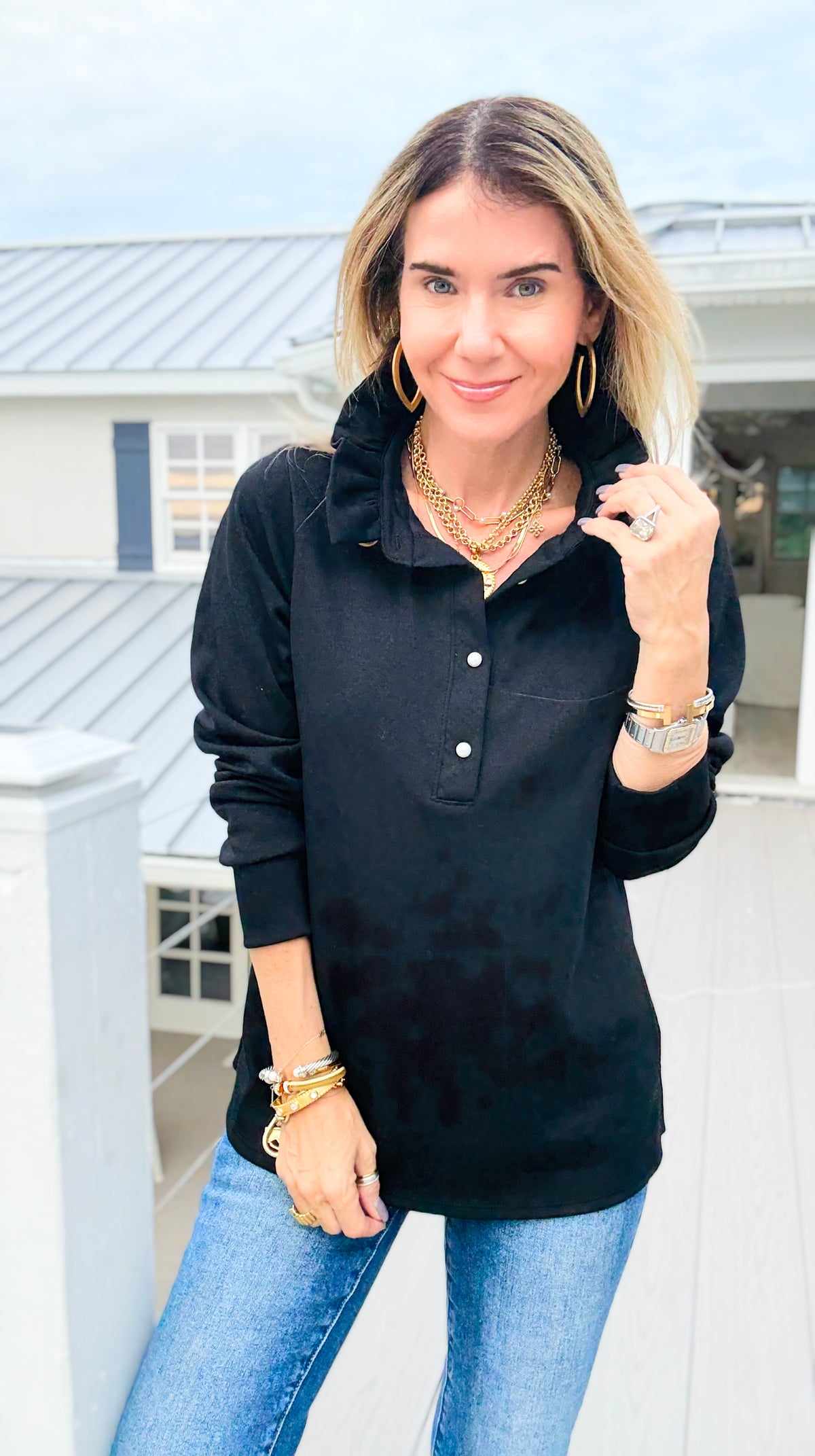 The Juliette Ruffle Long Sleeve Top- Black-110 Long Sleeve Tops-EC COLLECTION INC-Coastal Bloom Boutique, find the trendiest versions of the popular styles and looks Located in Indialantic, FL