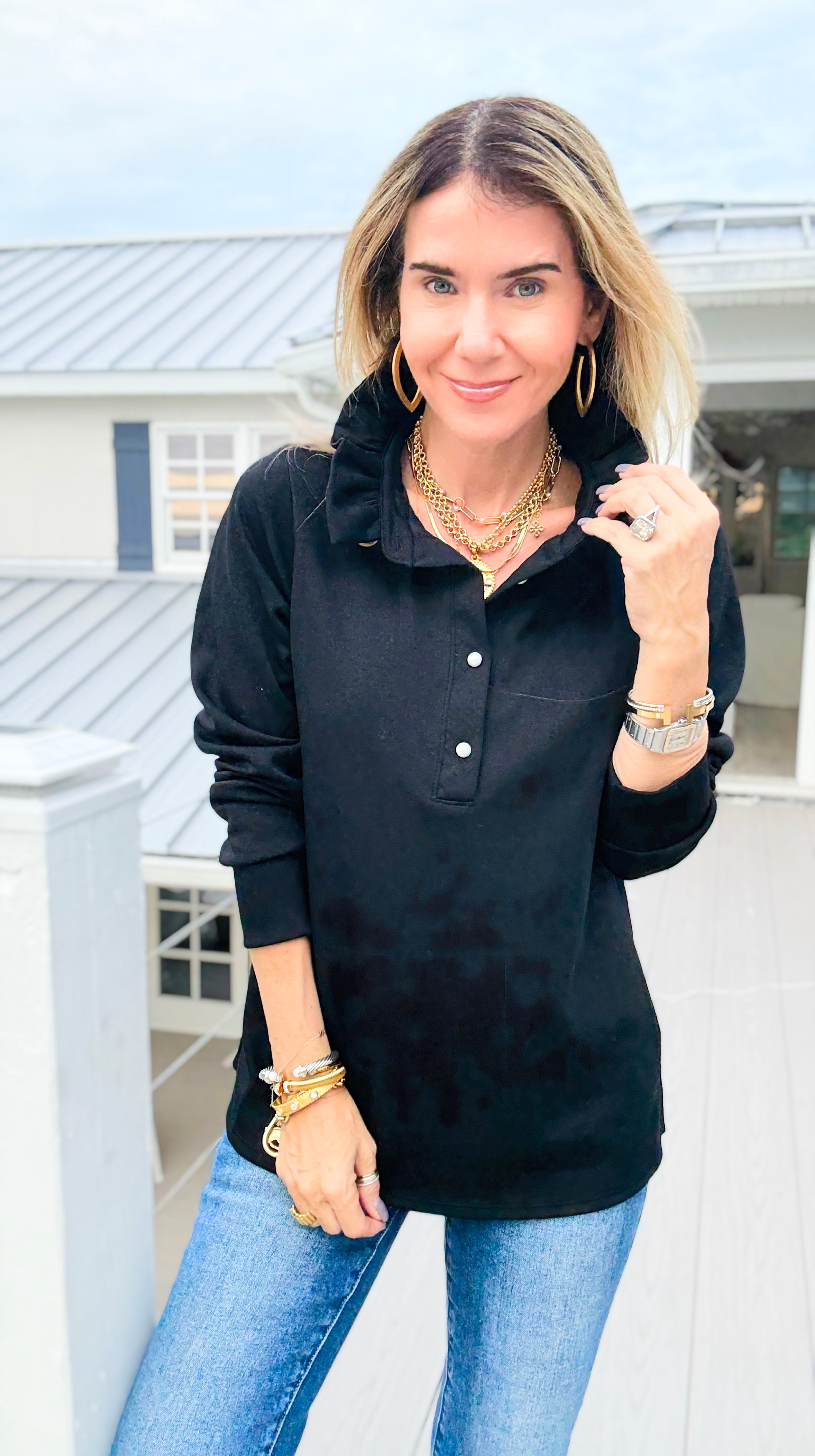 The Juliette Ruffle Long Sleeve Top- Black-110 Long Sleeve Tops-EC COLLECTION INC-Coastal Bloom Boutique, find the trendiest versions of the popular styles and looks Located in Indialantic, FL