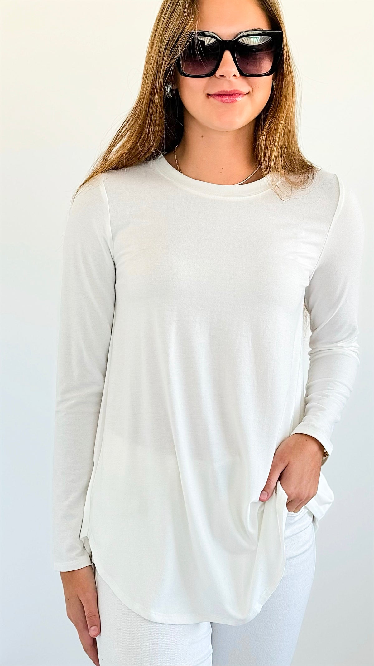 Long Sleeves Round Neck Top - Off White-130 Long Sleeve Tops-Zenana-Coastal Bloom Boutique, find the trendiest versions of the popular styles and looks Located in Indialantic, FL