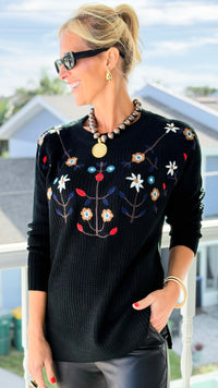 Midnight Meadow Embroidered Sweater-110 Long Sleeve Tops-simi bloom-Coastal Bloom Boutique, find the trendiest versions of the popular styles and looks Located in Indialantic, FL