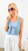 Patterned Denim Vest-100 Sleeveless Tops-Edit By Nine-Coastal Bloom Boutique, find the trendiest versions of the popular styles and looks Located in Indialantic, FL