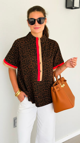 Leopard Print Contrast Trim Top - Brown