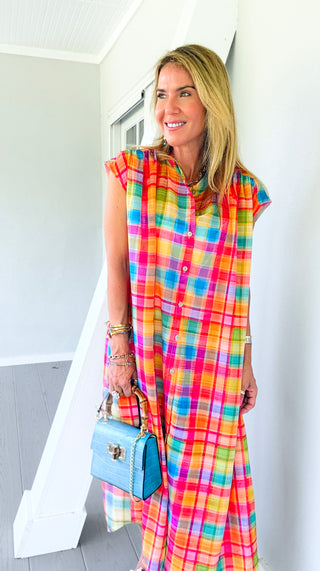 Rainbow Plaid Italian Button Dress