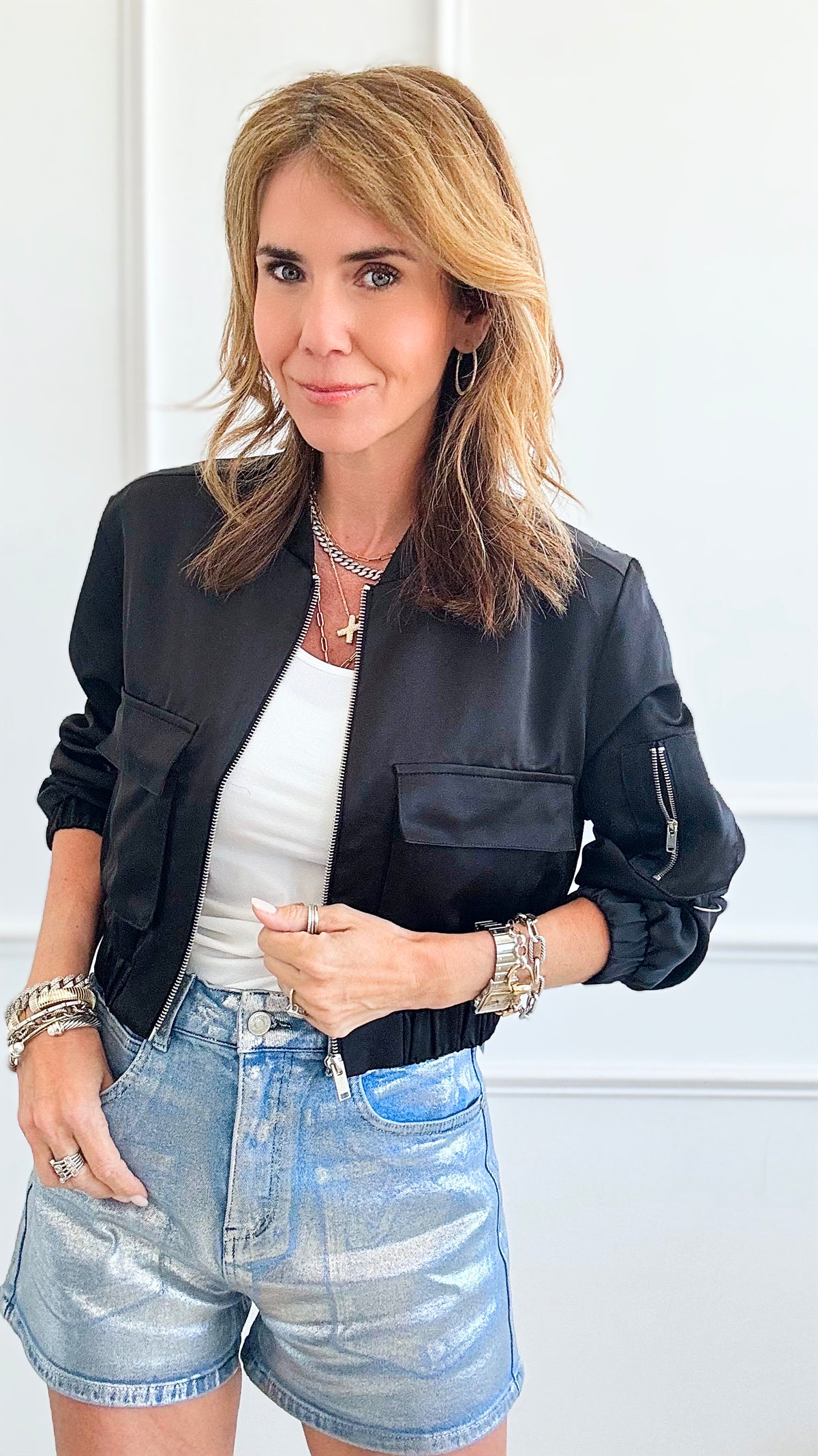 Satin Cropped Bomber Jacket - Black-160 Jackets-Love Tree Fashion-Coastal Bloom Boutique, find the trendiest versions of the popular styles and looks Located in Indialantic, FL