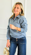 Whispered Grace Polo Top - Dusty Blue-130 Long Sleeve Tops-Rosio-Coastal Bloom Boutique, find the trendiest versions of the popular styles and looks Located in Indialantic, FL