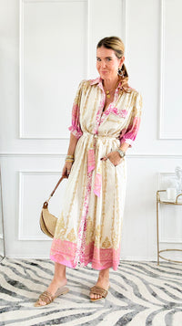 Baroque Border Belted Midi Dress