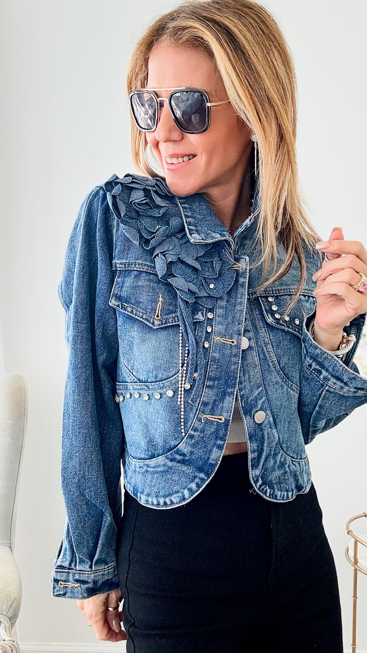 Radiant Blossom Denim Jacket - Light Denim-160 Jackets-pastel design-Coastal Bloom Boutique, find the trendiest versions of the popular styles and looks Located in Indialantic, FL
