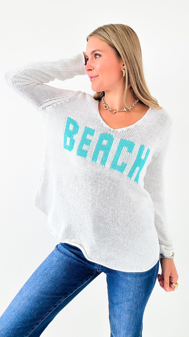 Beach Lightweight Knit V Neck - White/Aqua-140 Sweaters-Miracle-Coastal Bloom Boutique, find the trendiest versions of the popular styles and looks Located in Indialantic, FL