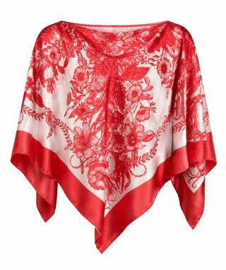 Two-Tone Border Floral Poncho - Red