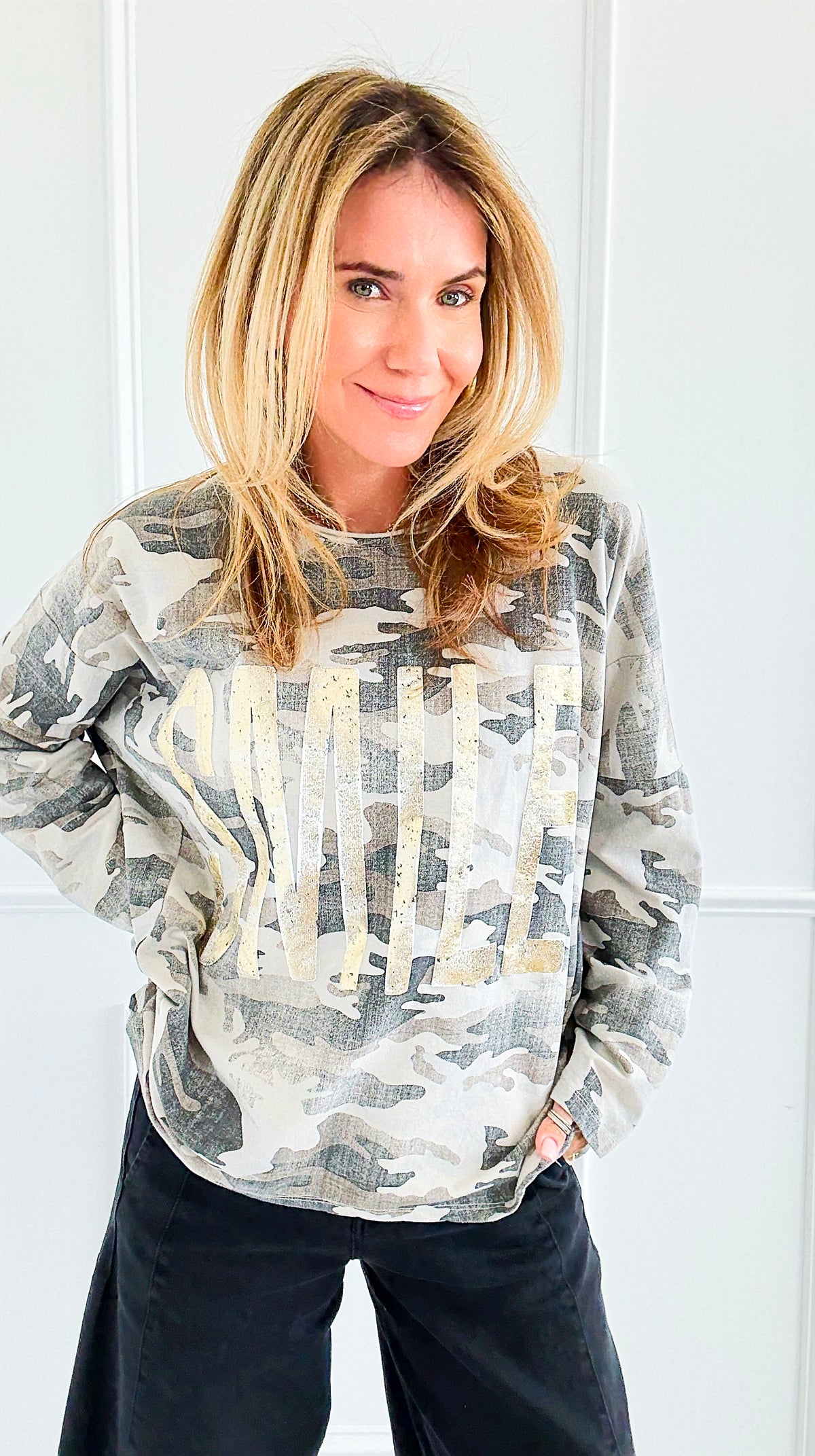 Happy Camo Italian Long Sleeve Top-110 Long Sleeve Tops-GI STUDIO-Coastal Bloom Boutique, find the trendiest versions of the popular styles and looks Located in Indialantic, FL