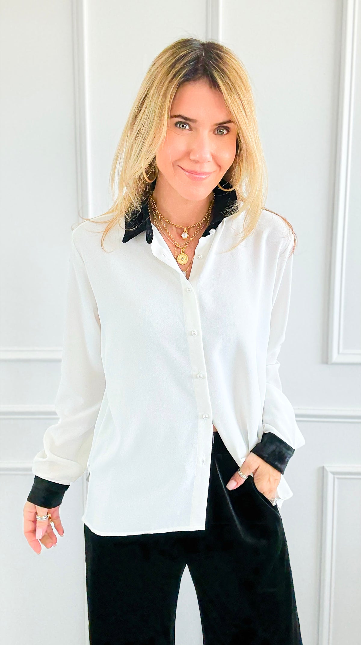 Midnight Contrast Button Down Top - Ivory Black-130 Long sleeve top-Must Have-Coastal Bloom Boutique, find the trendiest versions of the popular styles and looks Located in Indialantic, FL