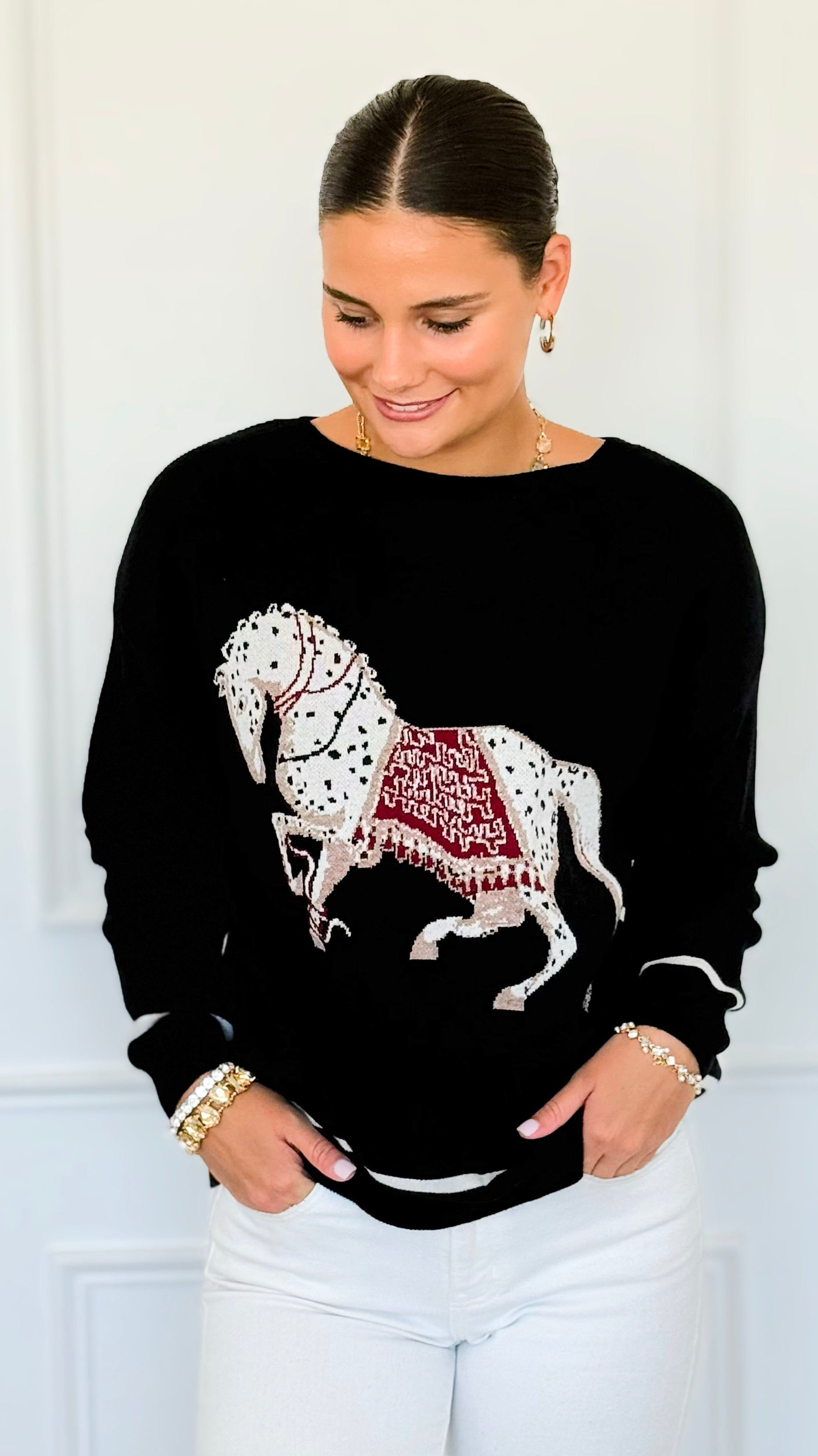 Equestrian Parade Italian Sweater- Black-140 Sweaters-K2-Coastal Bloom Boutique, find the trendiest versions of the popular styles and looks Located in Indialantic, FL