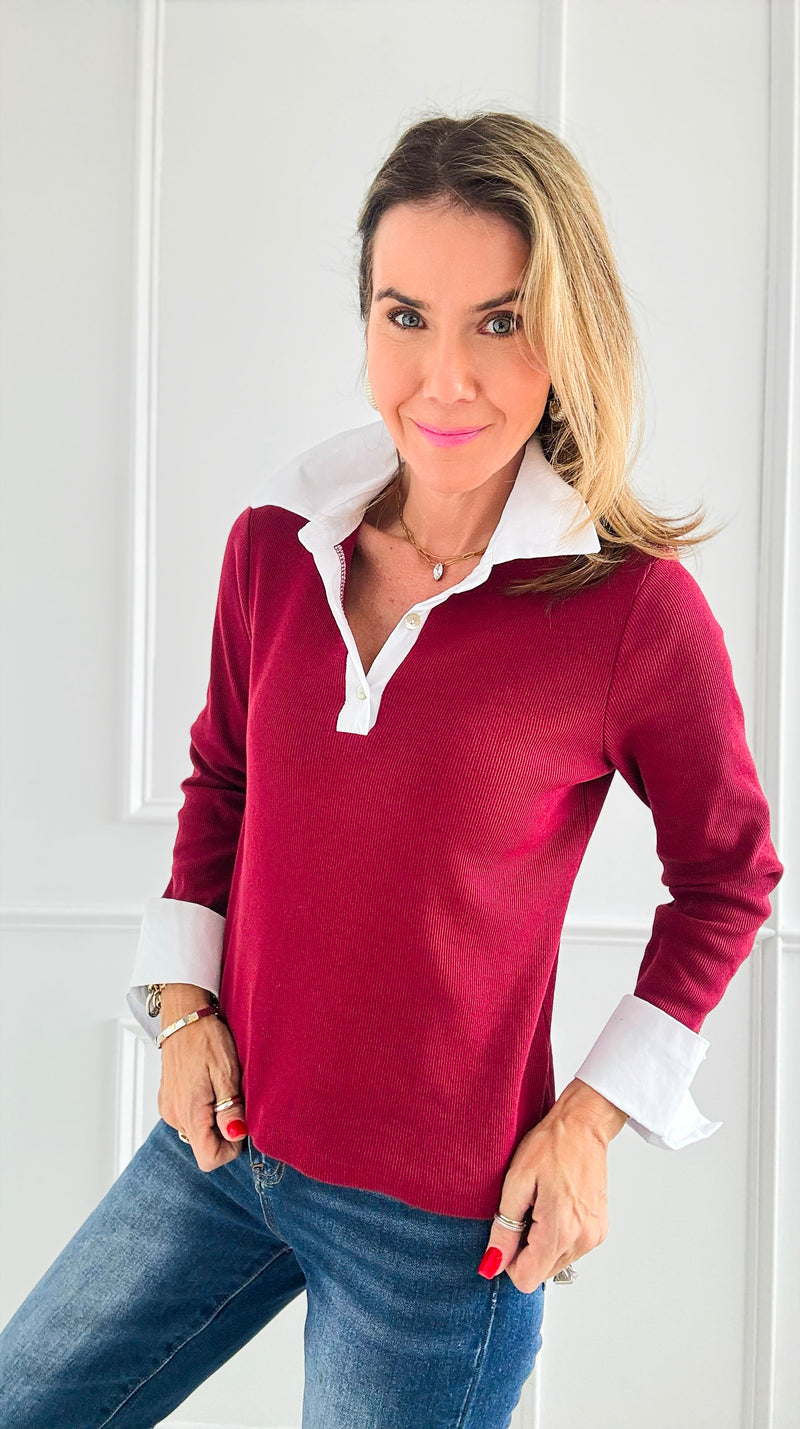 Contrast Trims Italian Top- Burgundy-130 Long sleeve top-Italianissimo-Coastal Bloom Boutique, find the trendiest versions of the popular styles and looks Located in Indialantic, FL