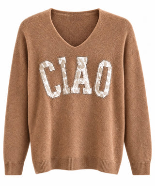 Ciao Rhinestone Italian Knit Sweater- Camel