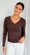 Button Me Up Ribbed Top - Brown-130 Long Sleeve Tops-YELETE-Coastal Bloom Boutique, find the trendiest versions of the popular styles and looks Located in Indialantic, FL