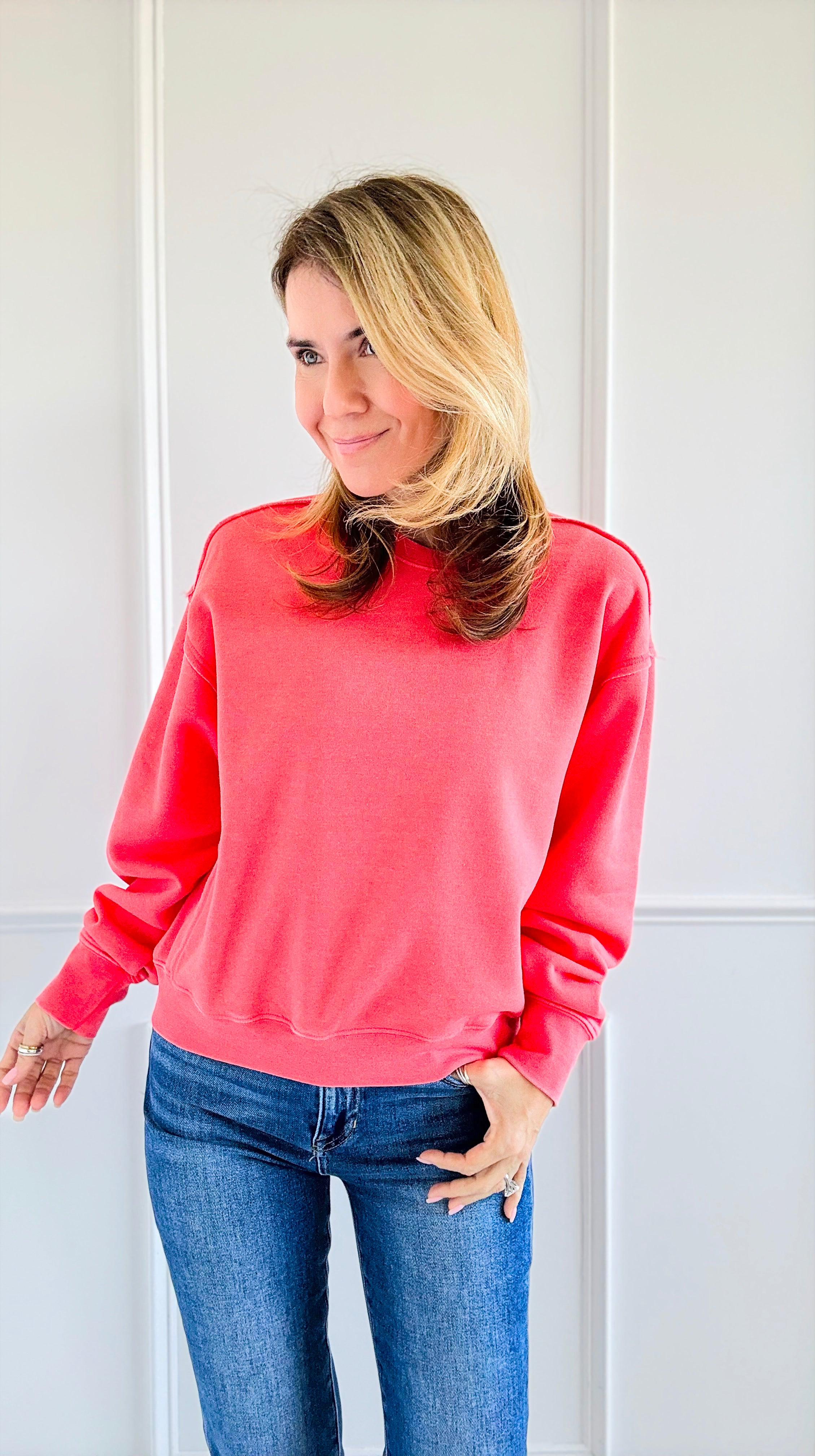 French Terry Sweatshirt - Coral-130 Long Sleeve Tops-HYFVE-Coastal Bloom Boutique, find the trendiest versions of the popular styles and looks Located in Indialantic, FL