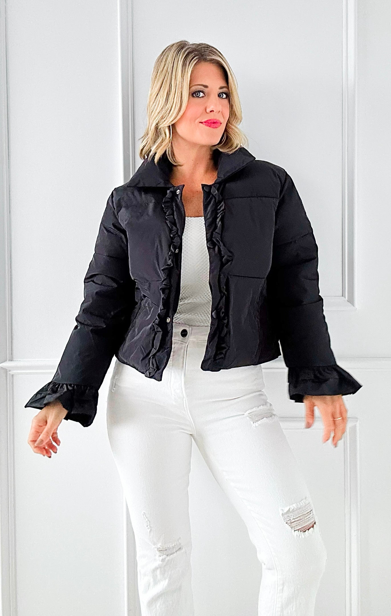 Rosy Ruffle Puffer Jacket-160 Jackets-Veveret-Coastal Bloom Boutique, find the trendiest versions of the popular styles and looks Located in Indialantic, FL