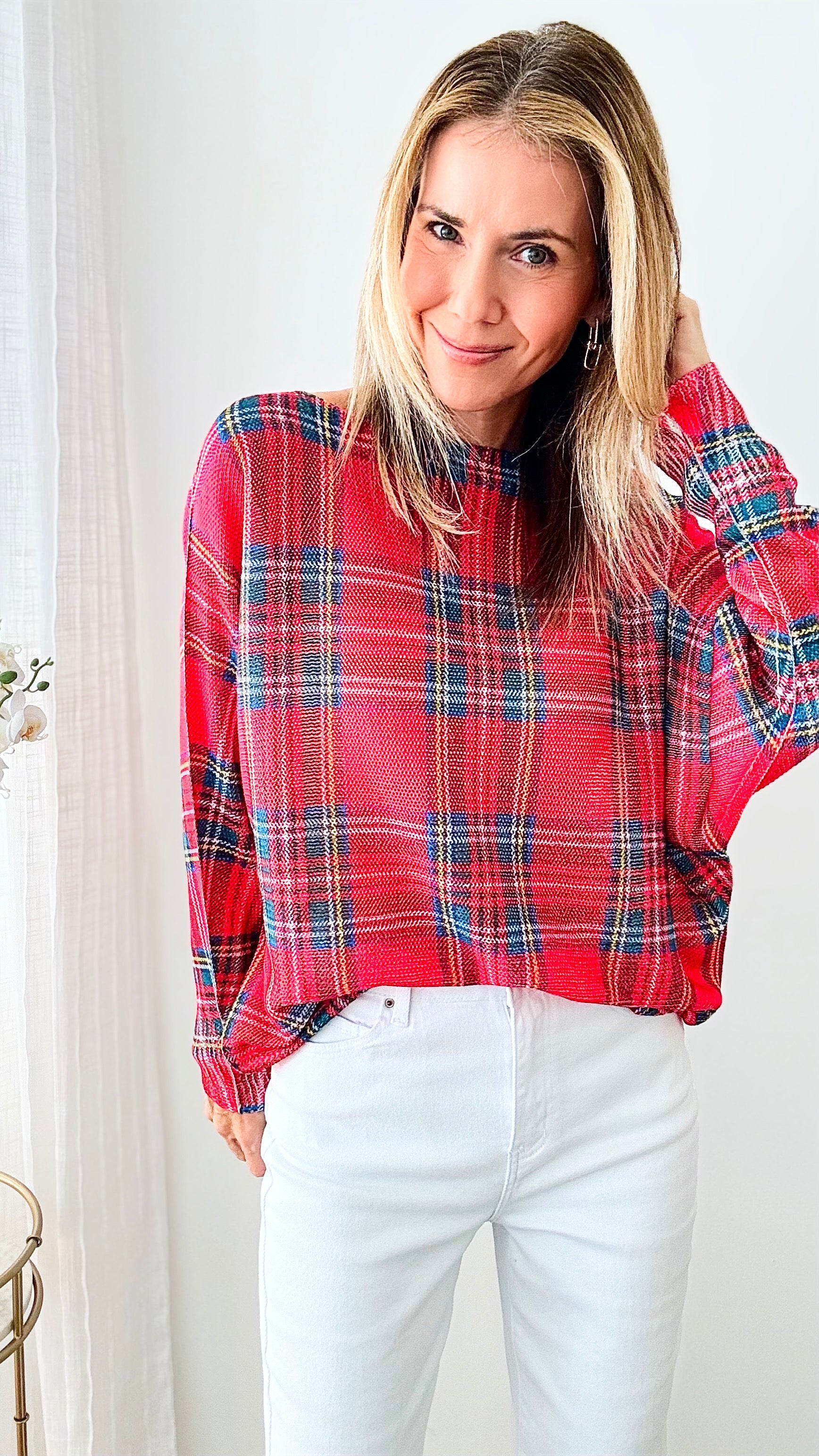 St Tropez Festive Plaid Italian Knit Sweater-140 Sweaters-Germany-Coastal Bloom Boutique, find the trendiest versions of the popular styles and looks Located in Indialantic, FL
