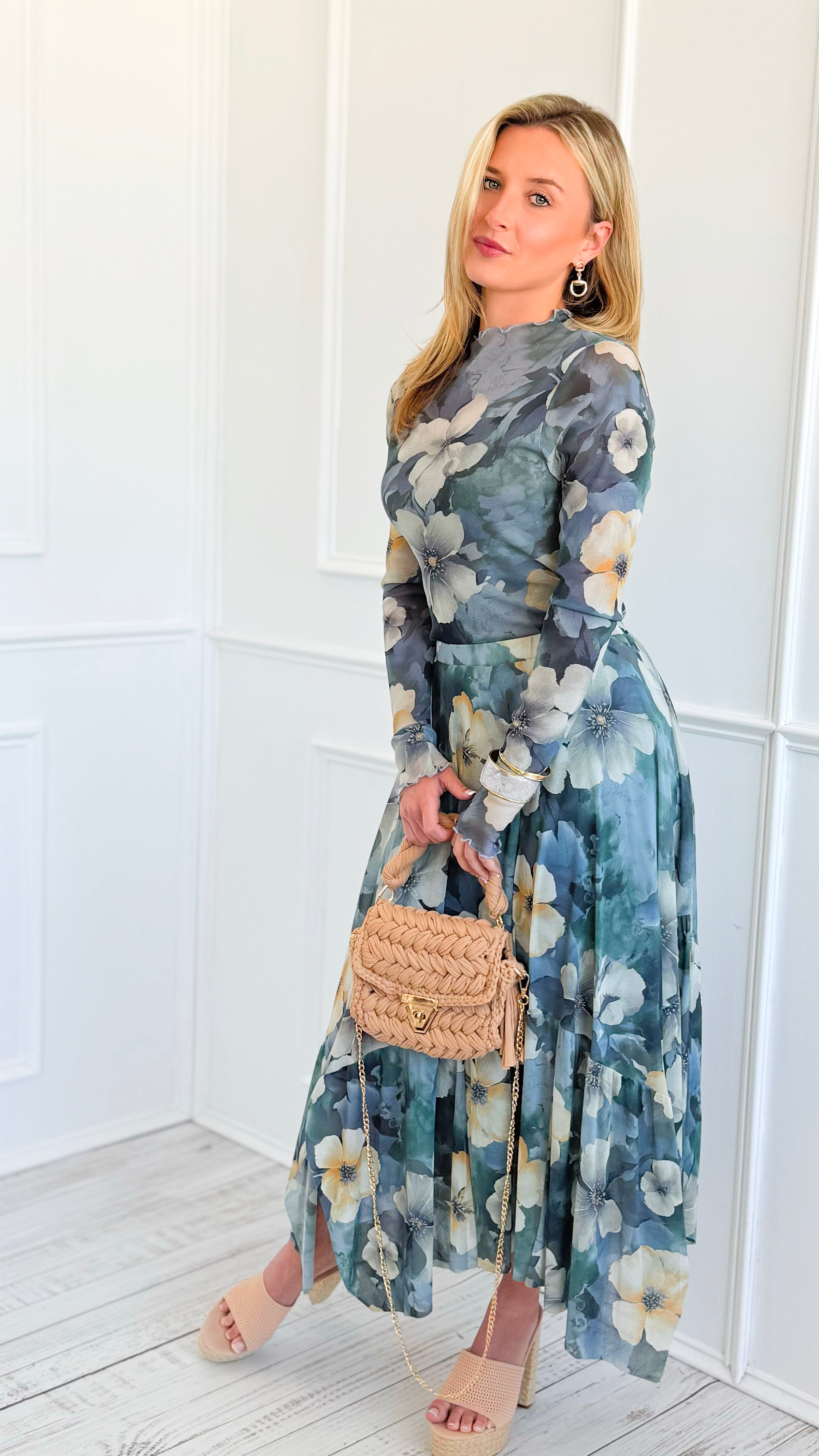 Romantic Garden Midi Skirt-Cloud Grey-170 bottoms-EASEL-Coastal Bloom Boutique, find the trendiest versions of the popular styles and looks Located in Indialantic, FL