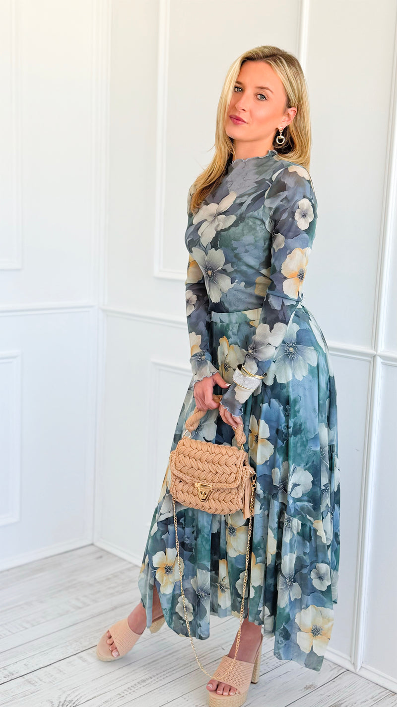 Romantic Garden Midi Skirt-Cloud Grey-170 bottoms-EASEL-Coastal Bloom Boutique, find the trendiest versions of the popular styles and looks Located in Indialantic, FL