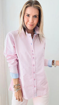 Derby Pink Pinstripe Fitted Blouse-130 Long Sleeve Tops-Grenouille-Coastal Bloom Boutique, find the trendiest versions of the popular styles and looks Located in Indialantic, FL
