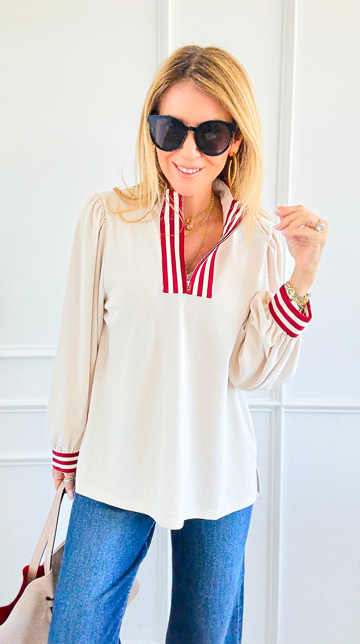 Crimson Trim Statement Top-110 Long Sleeve Tops-JODIFL-Coastal Bloom Boutique, find the trendiest versions of the popular styles and looks Located in Indialantic, FL