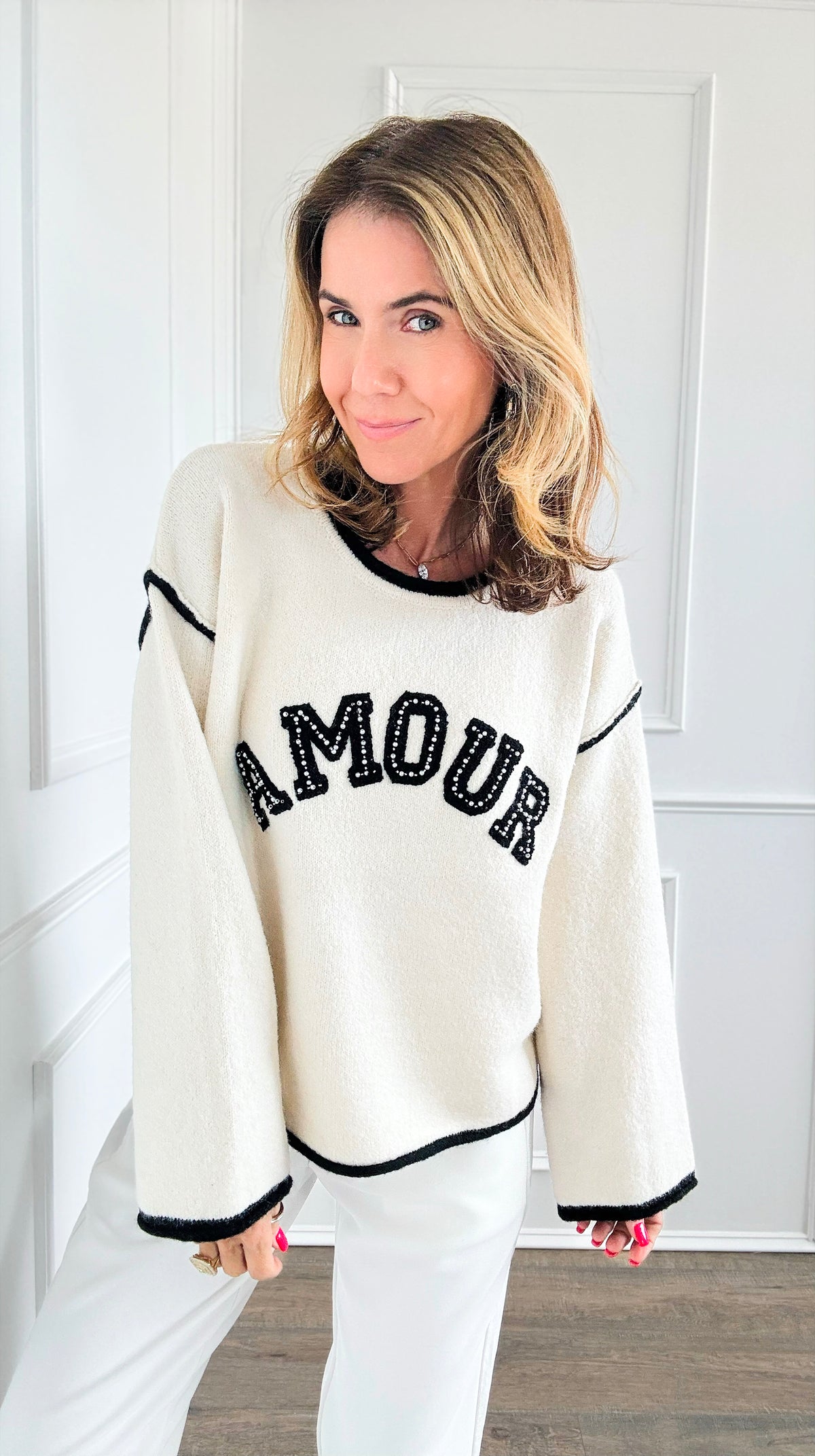 Pearled Amour Italian Sweater- Ecru-140 Sweaters-Italianissimo-Coastal Bloom Boutique, find the trendiest versions of the popular styles and looks Located in Indialantic, FL