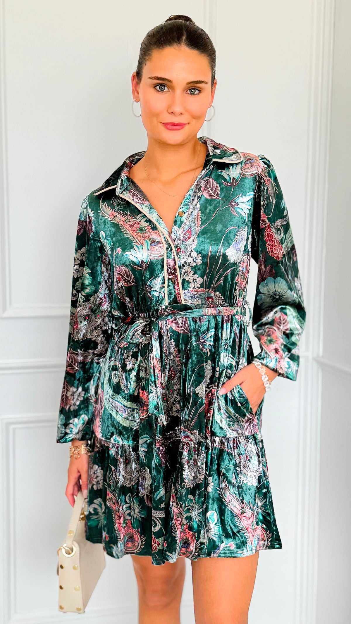 Paisley Poem Tiered Velvet Dress-200 Dresses/Jumpsuits/Rompers-JODIFL-Coastal Bloom Boutique, find the trendiest versions of the popular styles and looks Located in Indialantic, FL