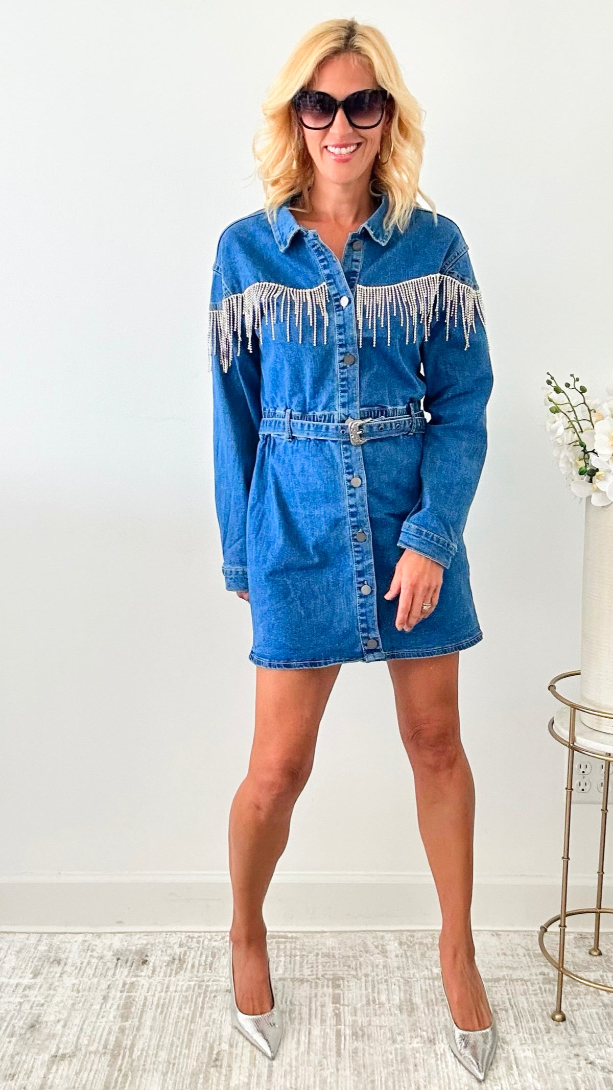 Studs Detailed Denim Mini Dress-200 dresses/jumpsuits/rompers-Rousseau-Coastal Bloom Boutique, find the trendiest versions of the popular styles and looks Located in Indialantic, FL