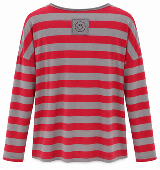 Weekend Stripe V-Neck Italian Top- Taupe/Red
