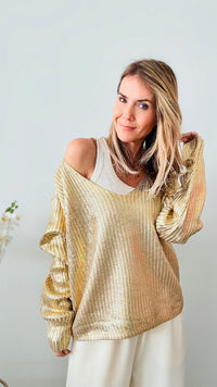 Gilded Metallic Foil Sweater - Gold-140 Sweaters-CBALY-Coastal Bloom Boutique, find the trendiest versions of the popular styles and looks Located in Indialantic, FL