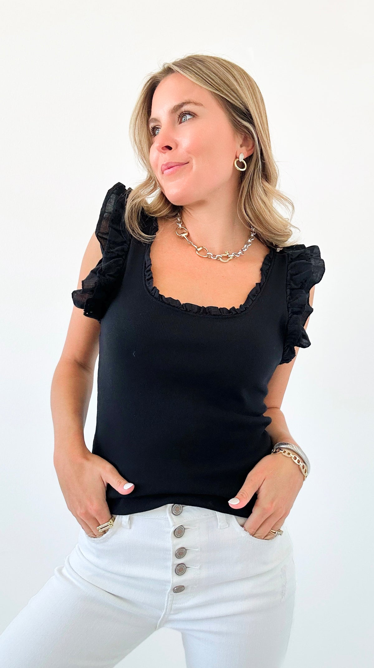 Whimsical Ruffles Ribbed Italian Tank Top- Black-100 Sleeveless Tops-Italianissimo-Coastal Bloom Boutique, find the trendiest versions of the popular styles and looks Located in Indialantic, FL
