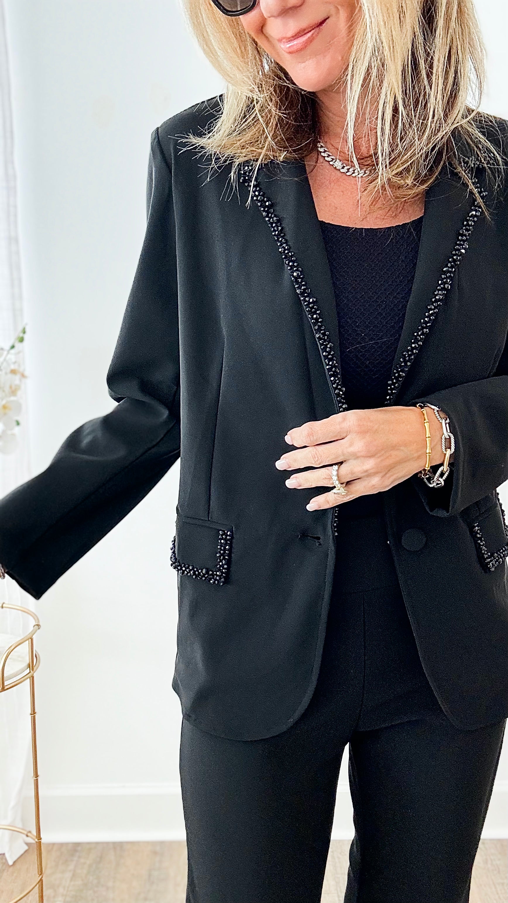 Rhinestone Trim Joan Blazer-160 Jackets-Joh Apparel-Coastal Bloom Boutique, find the trendiest versions of the popular styles and looks Located in Indialantic, FL