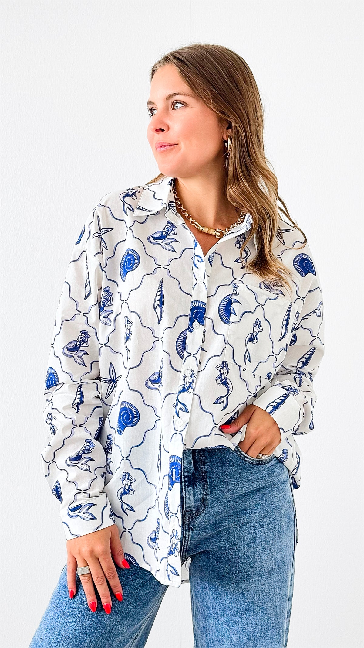 Mermaid & Shell Printed Blouse-150 Cardigans/Layers-Bailey Rose-Coastal Bloom Boutique, find the trendiest versions of the popular styles and looks Located in Indialantic, FL