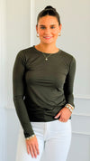 Anniston Brushed Microfiber Long Sleeve Tee - Dark Olive-130 Long Sleeve Tops-Zenana-Coastal Bloom Boutique, find the trendiest versions of the popular styles and looks Located in Indialantic, FL